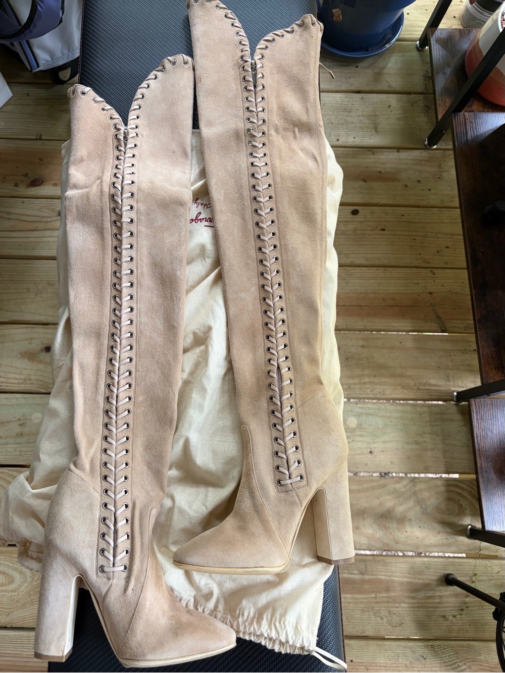 Salvatore Ferragamo  Lace-Up Over-the-Knee High Heel Boots - Nude - Picture 2 of 15